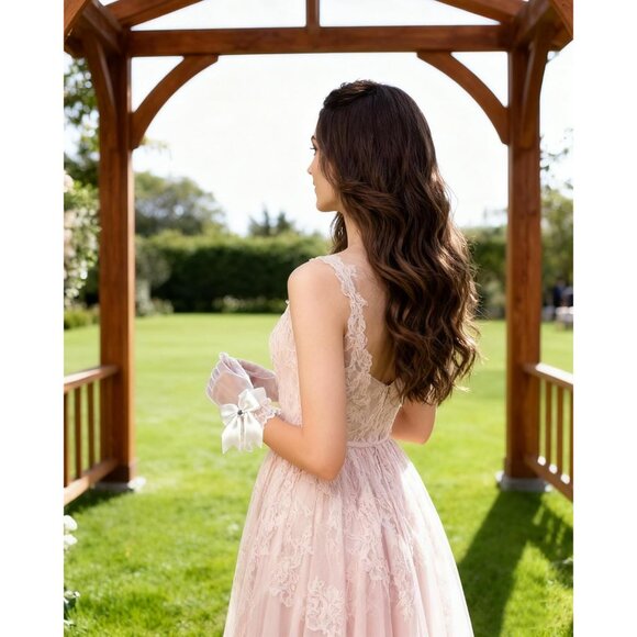 Women's White Lace Short Wedding Ruffled Tulle Mitten Imported Polyester Gloves - Picture 4 of 7